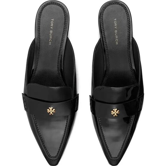 TORY BURCH BLACK PATENT LEATHER SLIP ON POINTY SLIDES MULES WOMEN NEW‎ - Picture 2 of 7